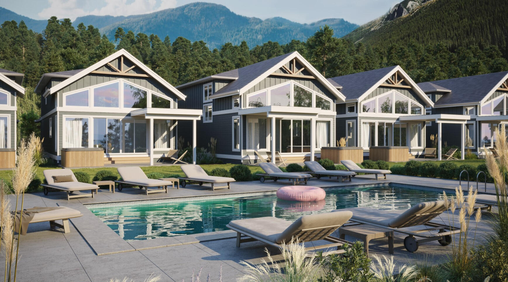 Modern cottages with large windows by a pool and mountains Modern cottages with large windows by a pool and mountains