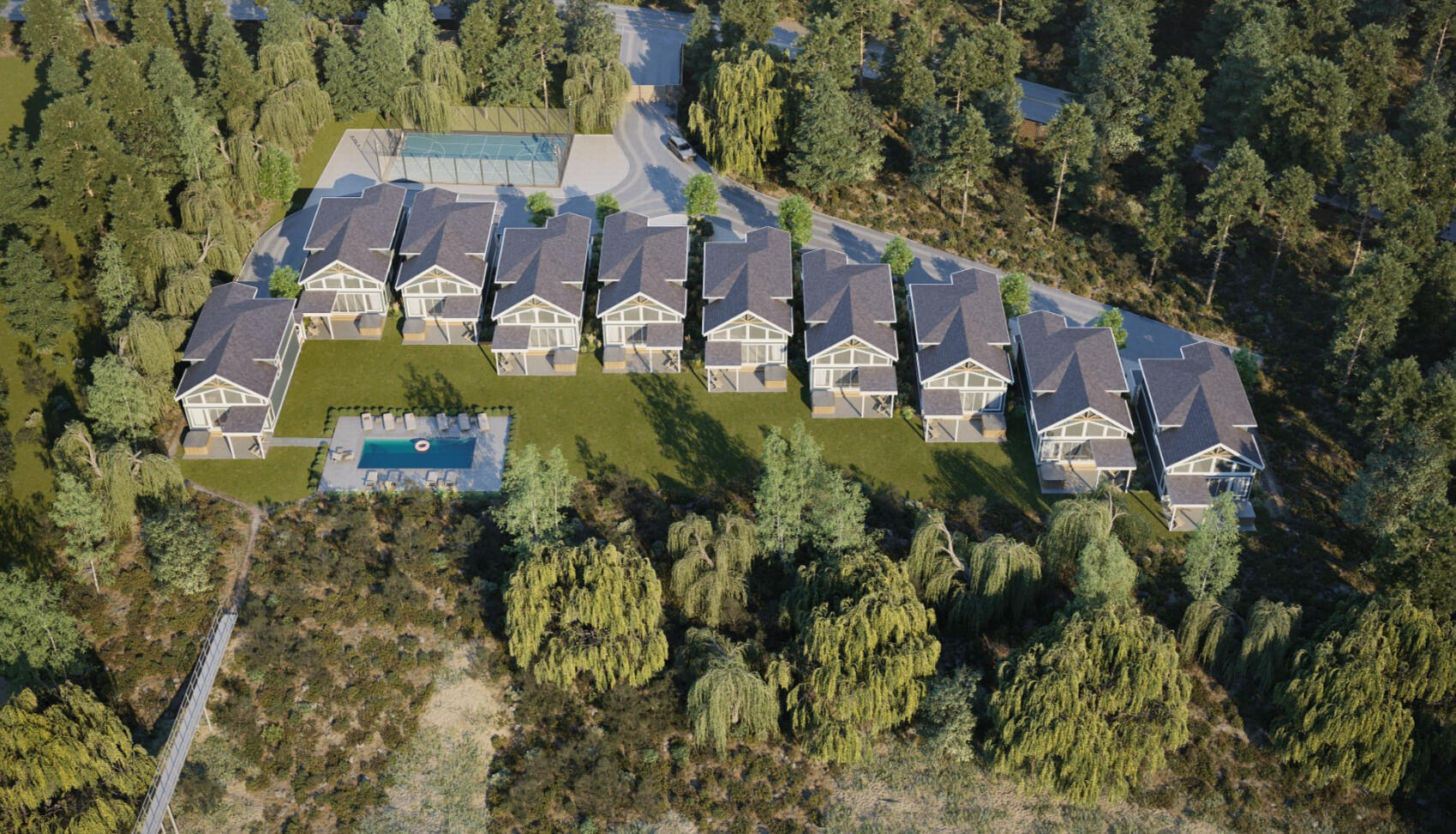 Aerial view of 10 modern cottages with pool and sport court